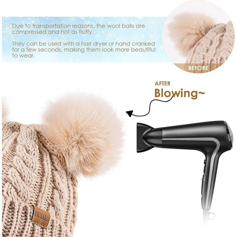 PIOZAED Women's Winter Soft Knit Warm Fleece Lined Beanie Double Pom Hat
